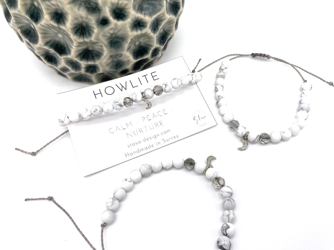 Howlite Crystal Moon Charm Beaded Bracelet