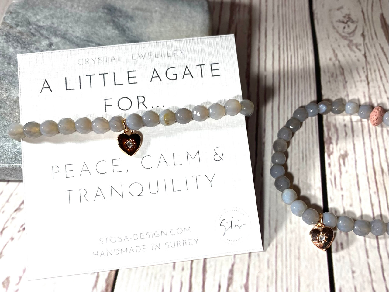 Misty Grey Agate Heart Charm - Aromatherapy Bracelet