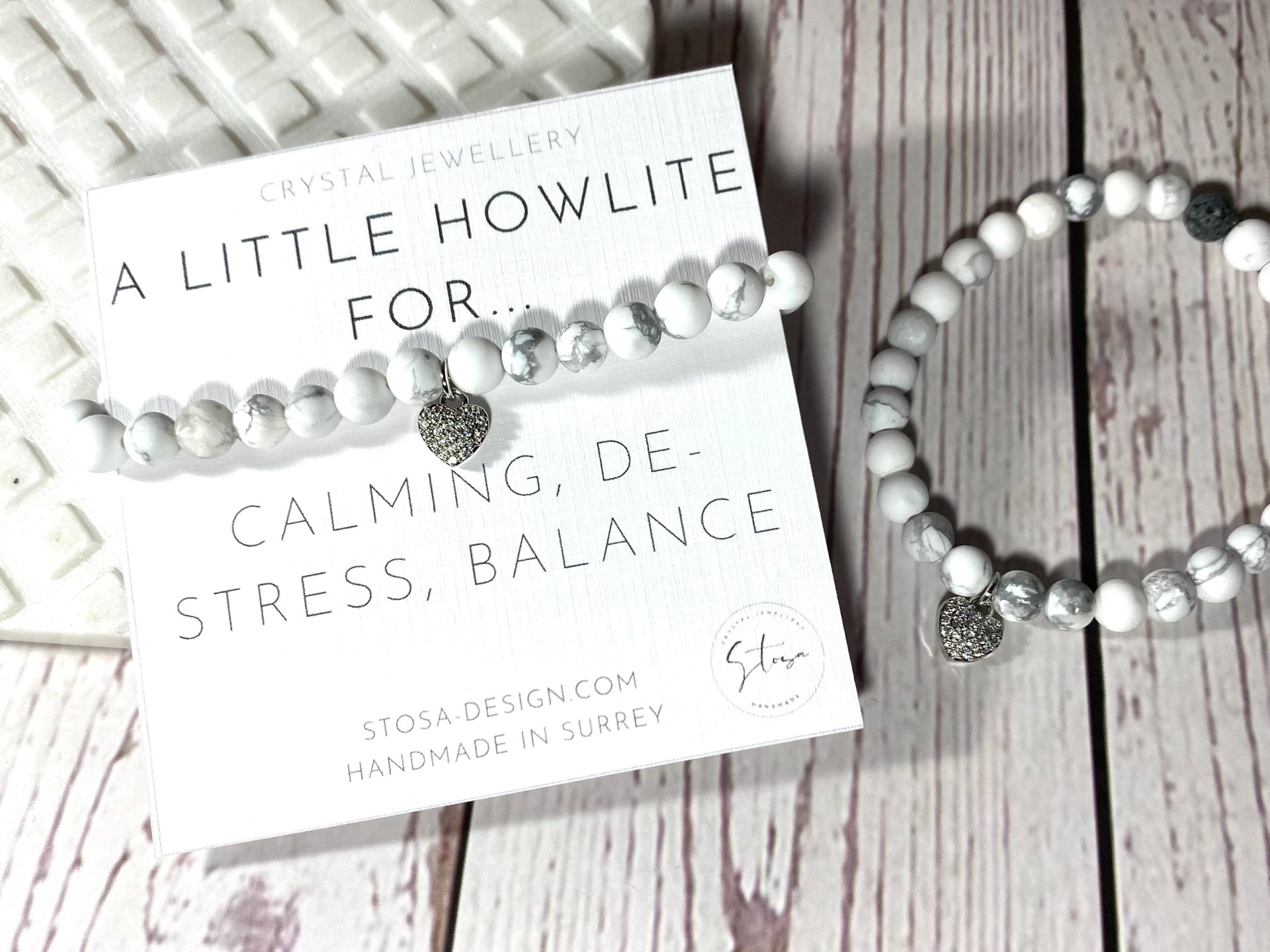 Howlite elasticated aromatherapy crystal bracelet with lava rock bead, to use with essential oils and silver heart charm for love