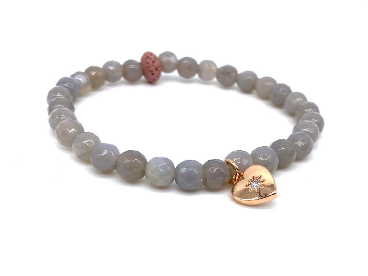 Misty Grey Agate Heart Charm - Aromatherapy Bracelet