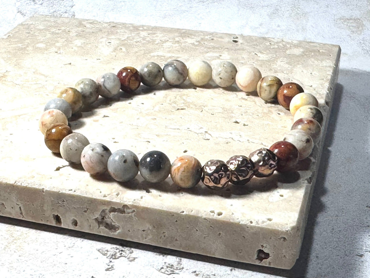 Natural Agate Gemstone Bracelet with Rose Gold Textured Beads | Handmade in the UK