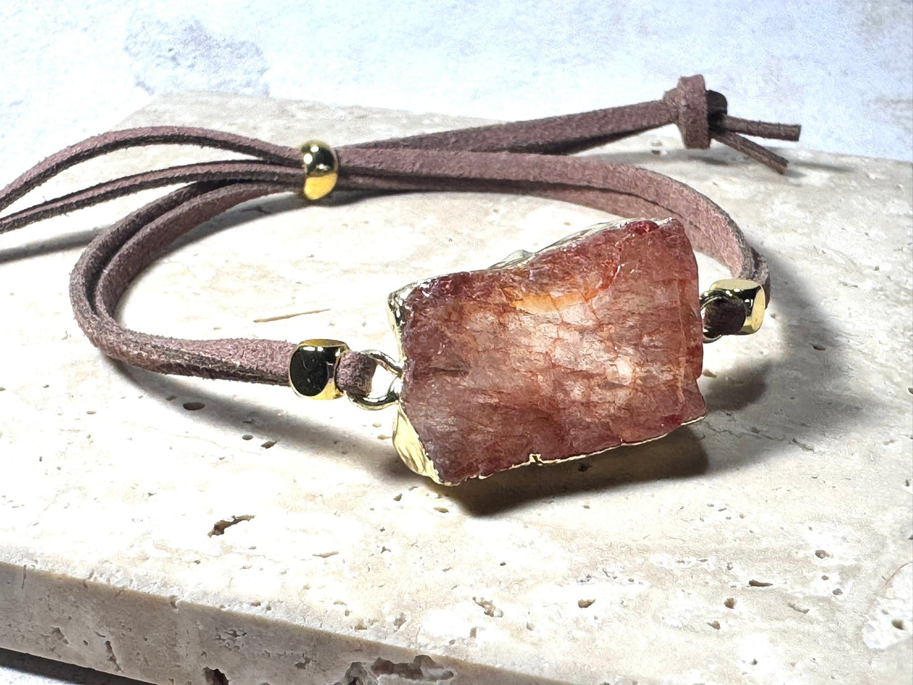 Natural Sunstone Bracelet – Gold-Wrapped Crystal on Adjustable Faux Suede | Handmade in the UK