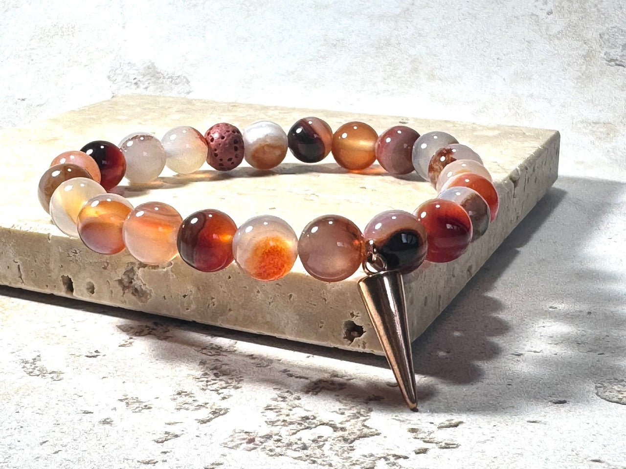 Orange Sardonyx Gemstone Bracelet with Rose Gold Point Charm Lava Stone | Handmade in the UK