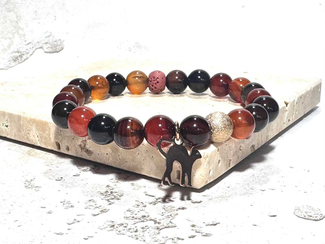 Dark Orange Agate Gemstone Bracelet with Rose Gold Cat Charm &amp; Lava Stone | Handmade in the UK