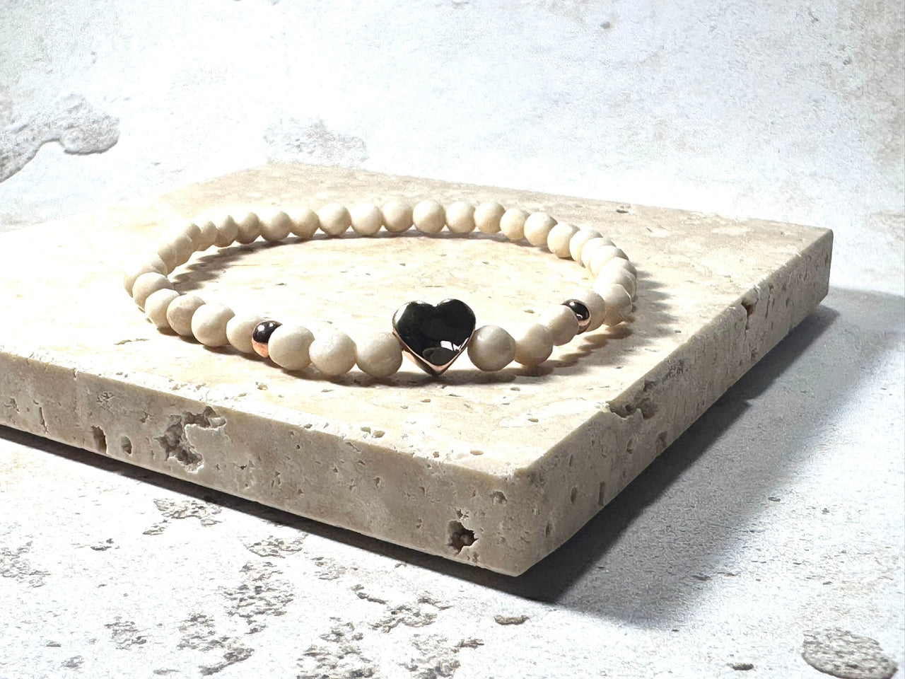 Fossilised Wood Gemstone Bracelet – Cream with Rose Gold Heart Charm | Handmade in the UK
