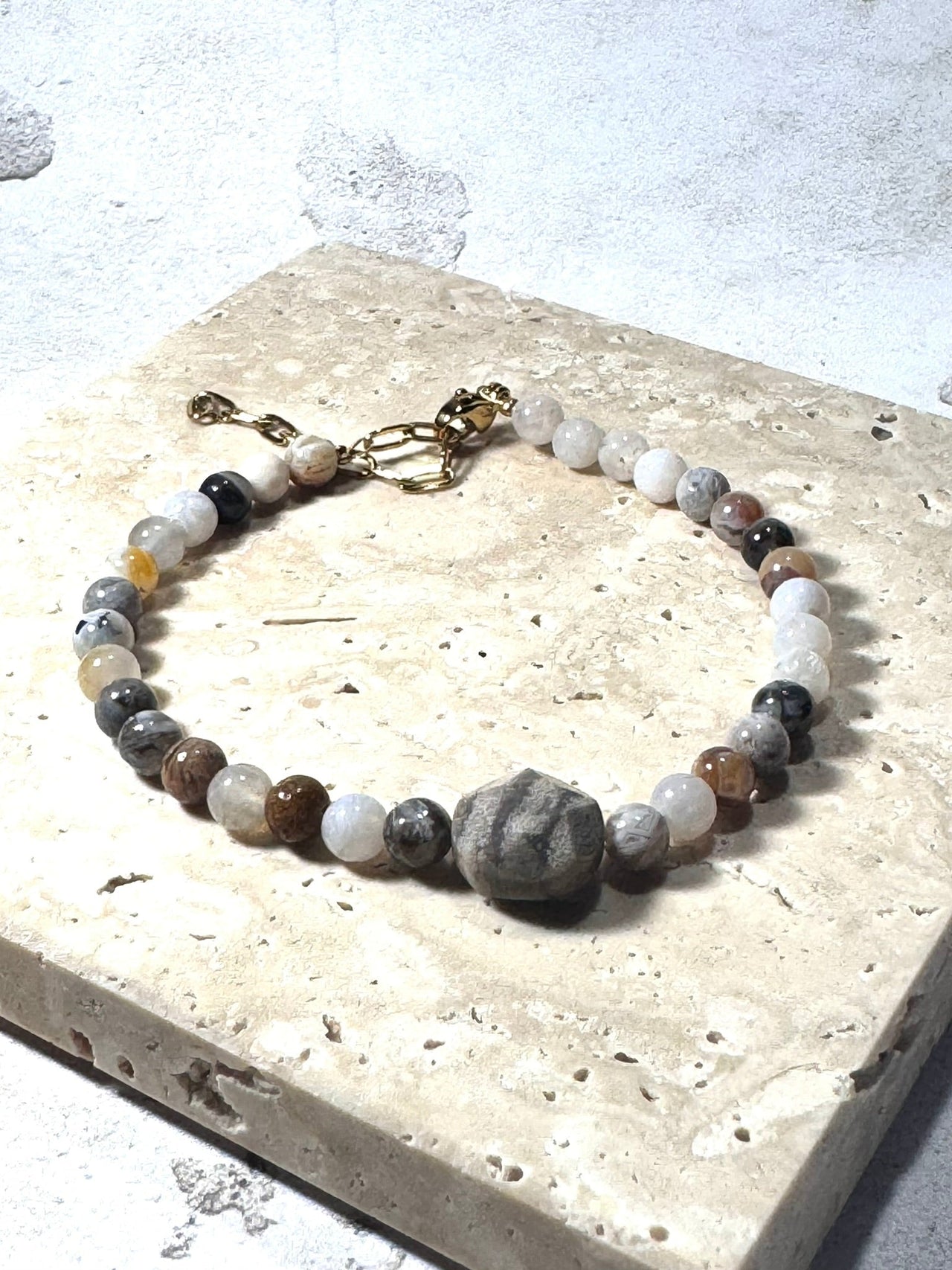 Natural Agate Gemstone Bracelet with Central Agate Disc | Adjustable Stainless Steel | Handmade in the UK