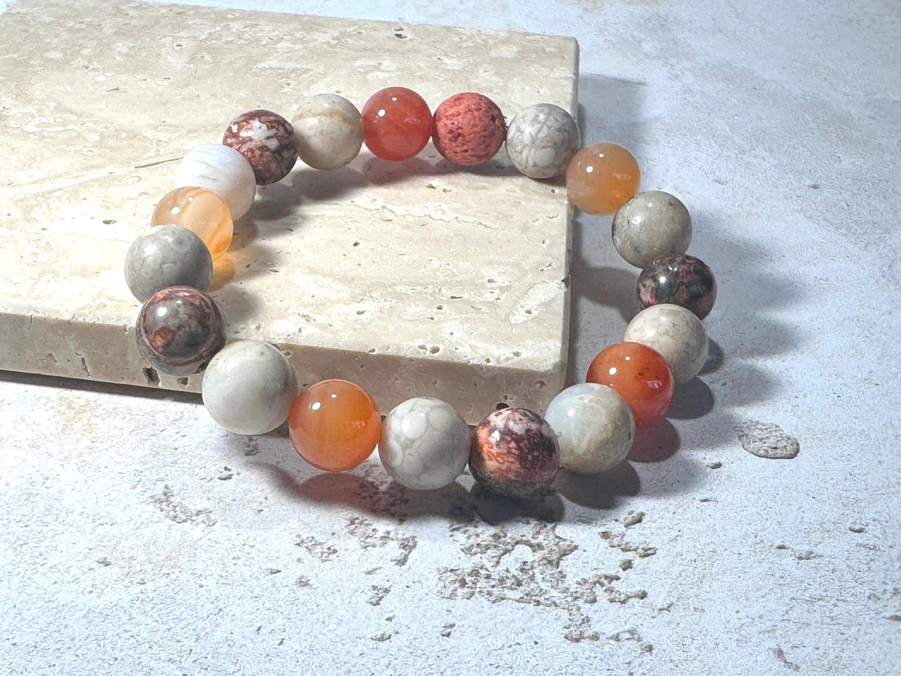Chrysanthemum Agate, Carnelia Jasper Gemstone Bracelet – 10mm Beads with Lava Stone | Handmade in the UK