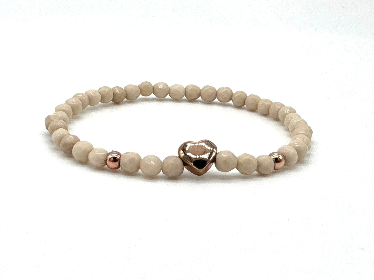 Fossilised Wood Gemstone Bracelet – Cream with Rose Gold Heart Charm | Handmade in the UK