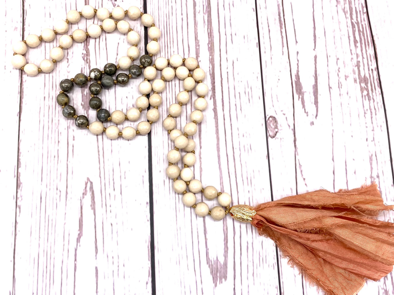 Crystal Mala with Pyrite and Fossilised Wood Gemstone