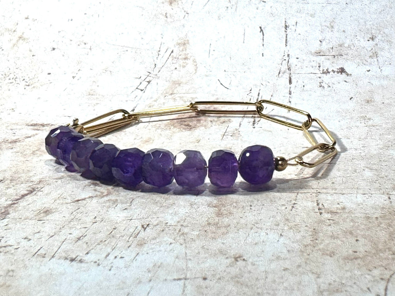 Amethyst and Gold Paperclip Chain Bracelet