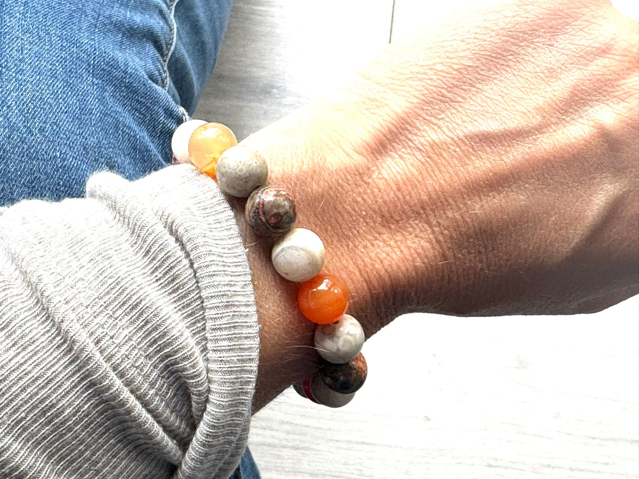 Chrysanthemum Agate, Carnelia Jasper Gemstone Bracelet – 10mm Beads with Lava Stone | Handmade in the UK