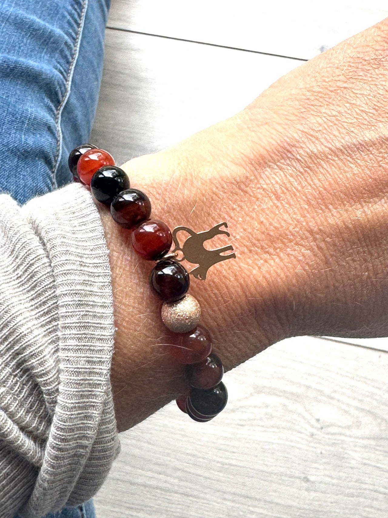 Dark Orange Agate Gemstone Bracelet with Rose Gold Cat Charm &amp; Lava Stone | Handmade in the UK
