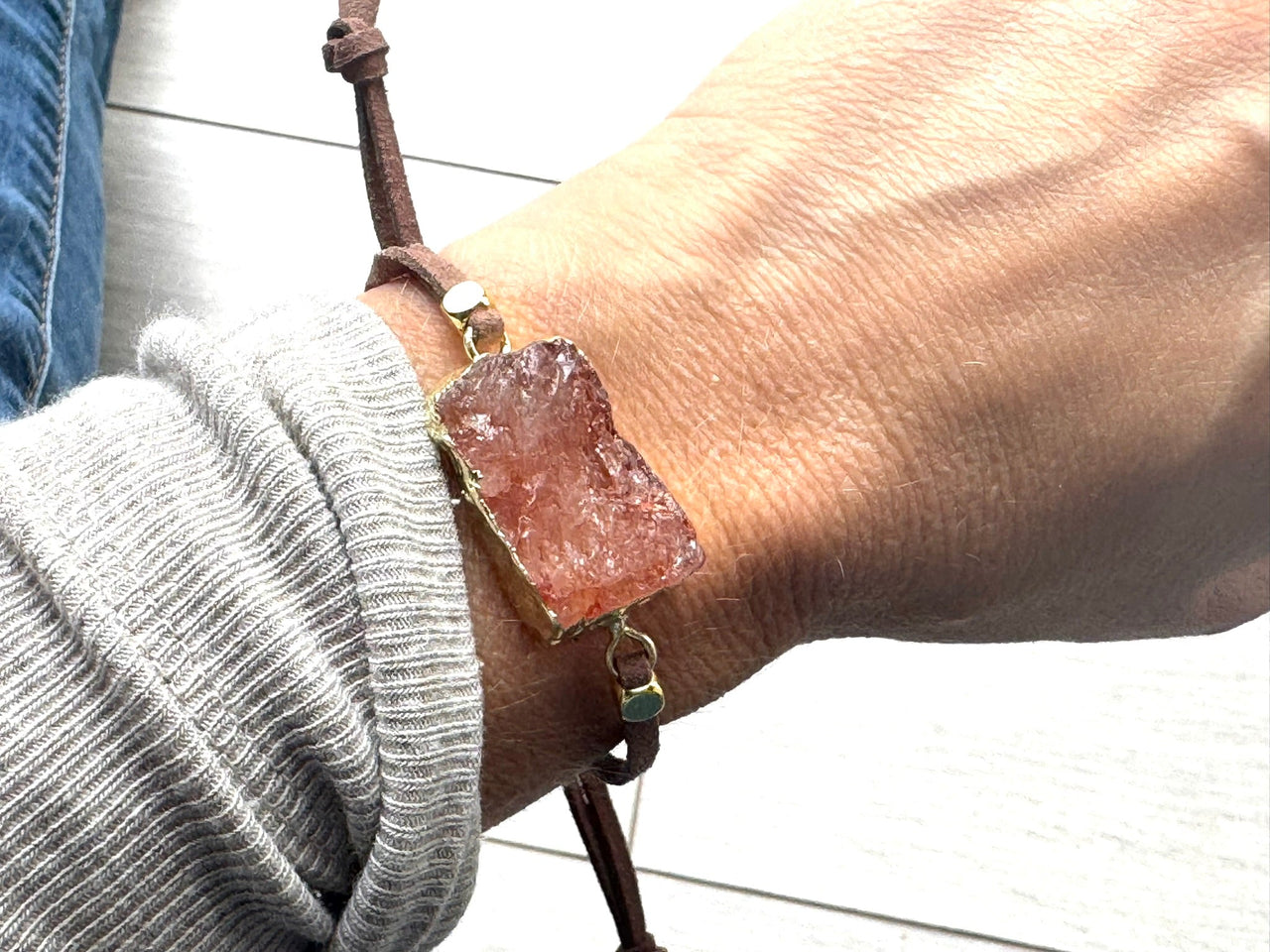 Natural Sunstone Bracelet – Gold-Wrapped Crystal on Adjustable Faux Suede | Handmade in the UK