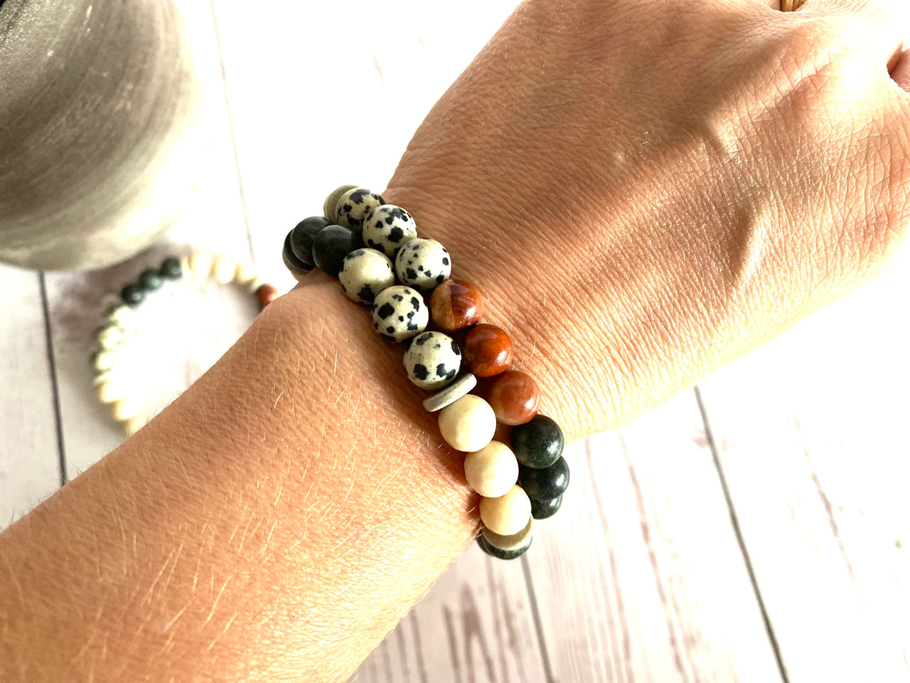 Nutmeg - Dalmatian Jasper and Serpentine Crystal Diffuser Bracelet