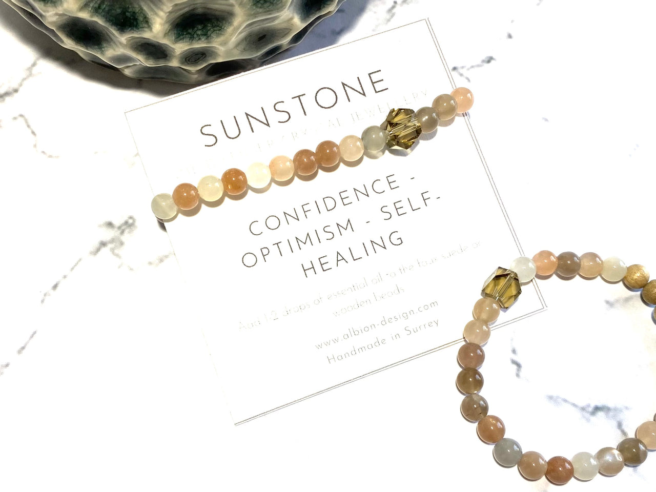 Sunstone and Moonstone Natural Crystal Bracelet - Rosewood Diffuser Bracelet