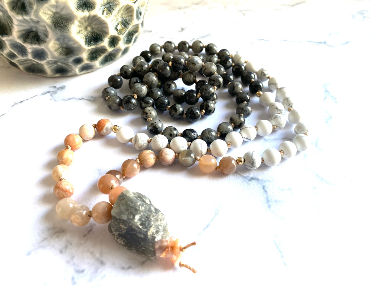 Labradorite & Sunstone Crystal Mala Necklace